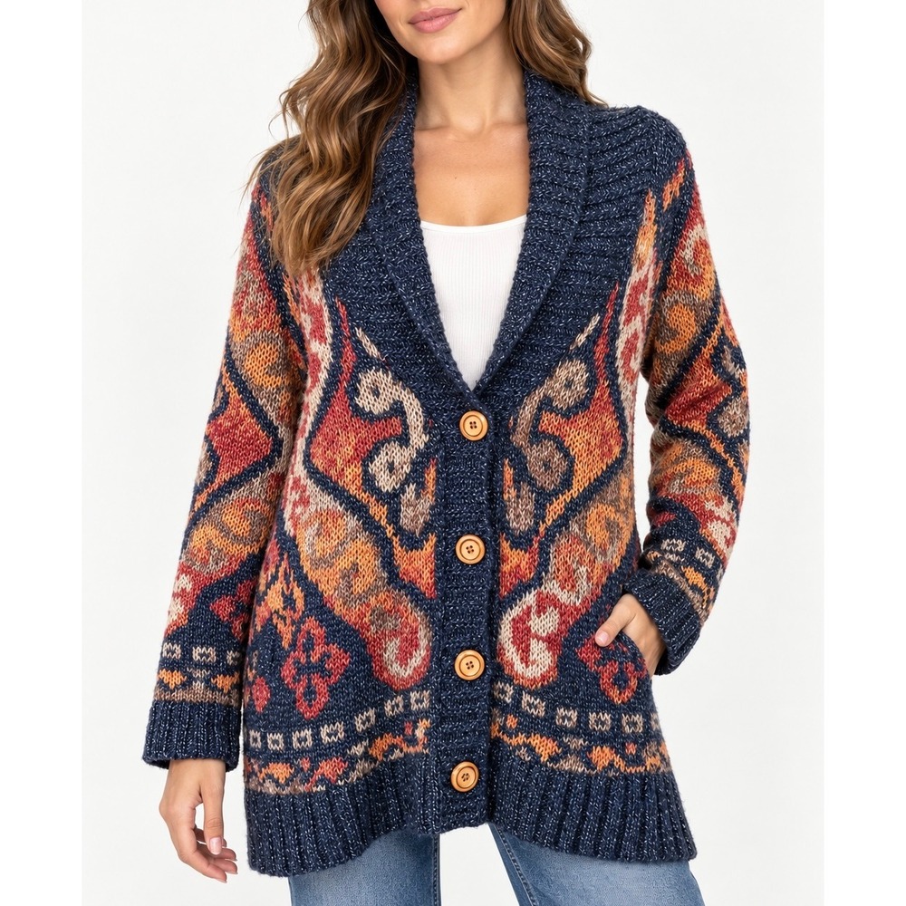 J Jill Cardigan Sweater Southwestern Button Front Wool Blend Blue Orange Medium